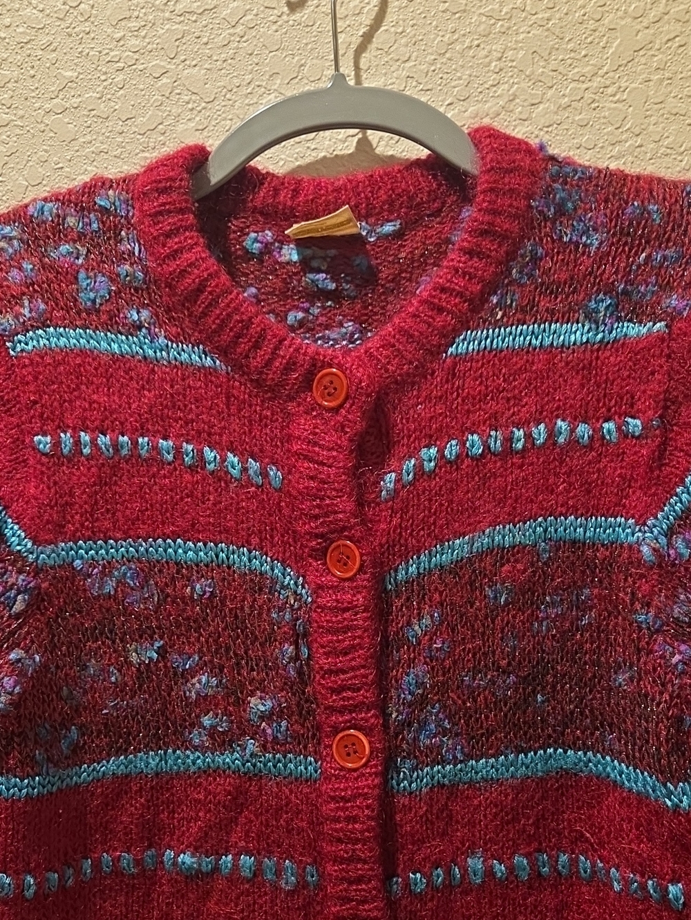 Vintage Cherry Red Patterned Button-Front Women’s Sweater